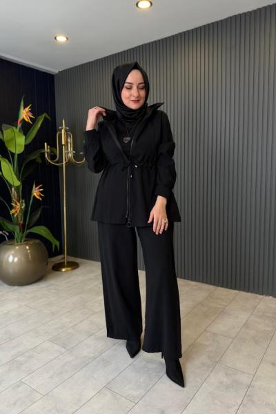 Bel Büzgü Detaylı Tensel Pantolon Takım Siyah