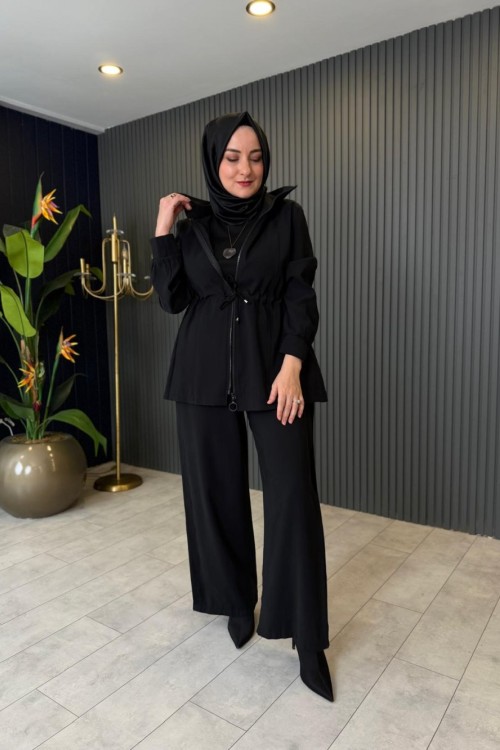 Bel Büzgü Detaylı Tensel Pantolon Takım Siyah