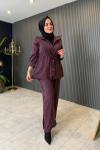 Bel Büzgü Detaylı Tensel Pantolon Takım Bordo