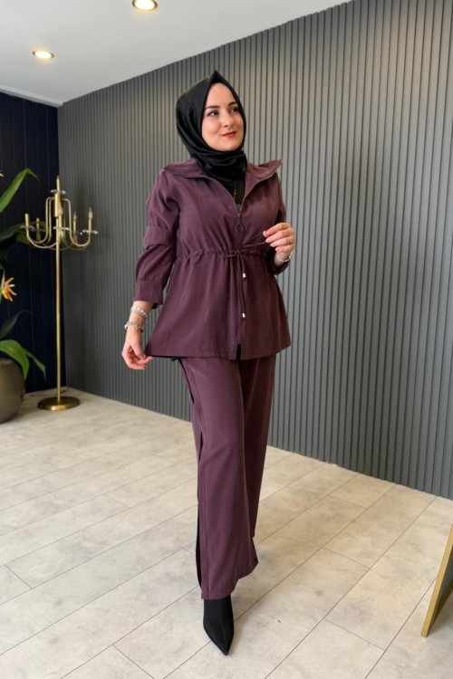 Bel Büzgü Detaylı Tensel Pantolon Takım Bordo