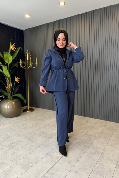Bel Büzgü Detaylı Tensel Pantolon Takım İndigo Mavi