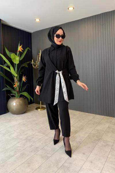 Fular Detaylı Tensel Pantolon Takım Siyah