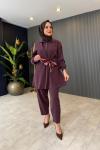 Fular Detaylı Tensel Pantolon Takım Bordo