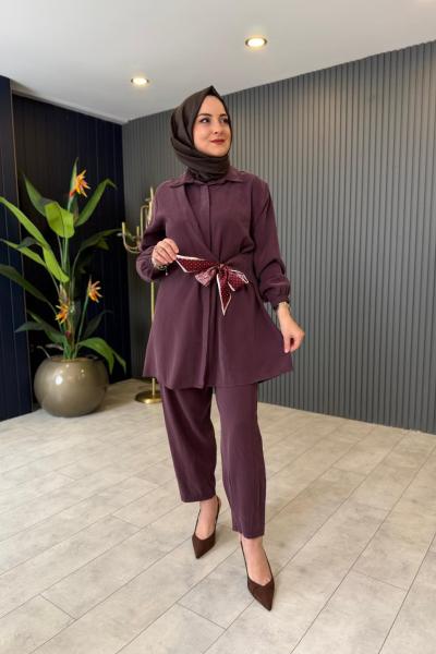 Fular Detaylı Tensel Pantolon Takım Bordo