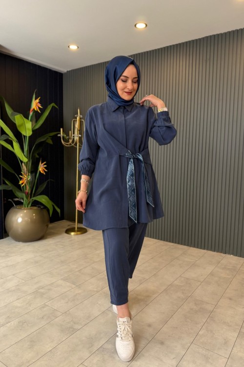 Fular Detaylı Tensel Pantolon Takım İndigo Mavi