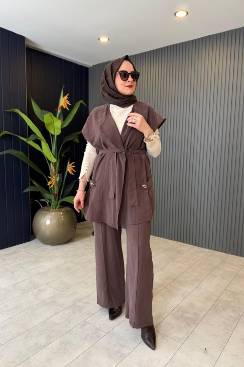 Tensel Yelekli Pantolon Takım Kahve