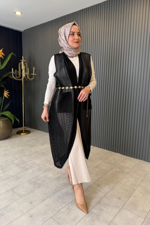 Sandy Detaylı File Yelek Siyah