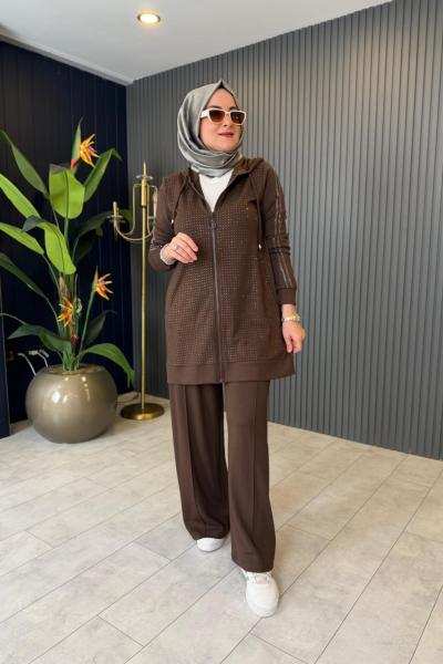 Pul Detaylı Premium  Pantolonlu Takım Kahve