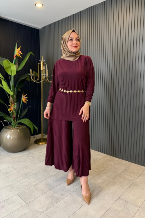 Piliseli Pantolonlu Takım  Bordo