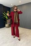 Tuniği Cep Detaylı Pantolonlu Takım Camel Bordo