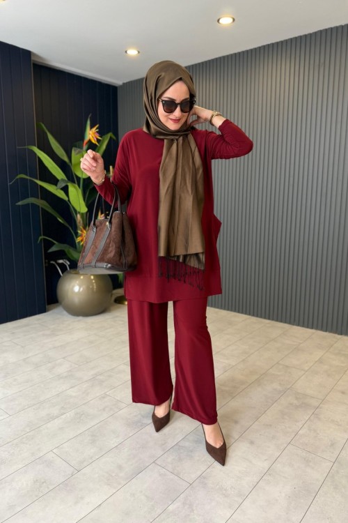 Tuniği Cep Detaylı Pantolonlu Takım Camel Bordo