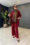 Tuniği Cep Detaylı Pantolonlu Takım Camel Bordo