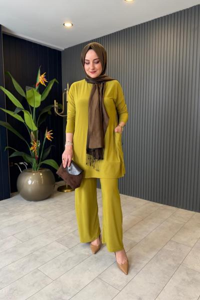 Tuniği Cep Detaylı Pantolonlu Takım Camel Yağ Yeşili