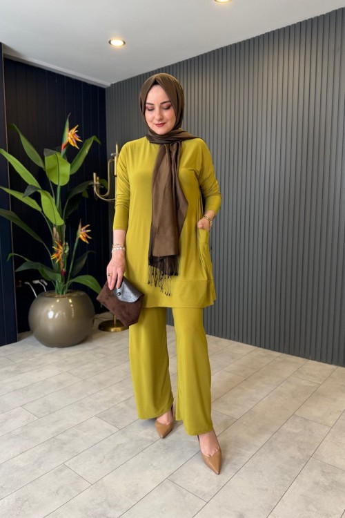 Tuniği Cep Detaylı Pantolonlu Takım Camel Yağ Yeşili