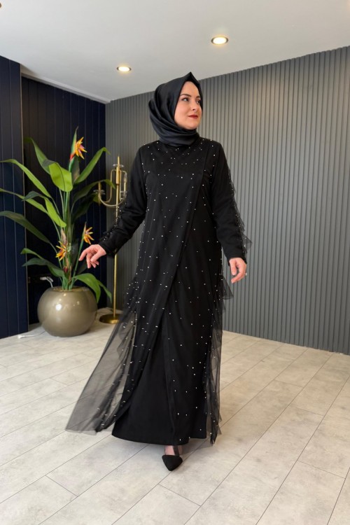 İnci Detaylı Tül Elbise Siyah