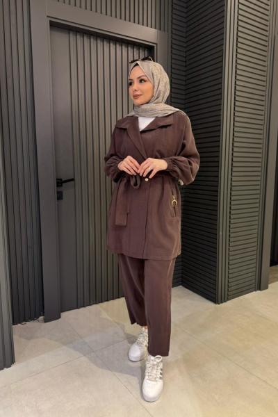 Aksesuar Detaylı Tensel Pantolon Takım Kahverengi