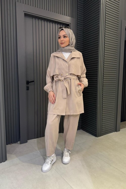 Aksesuar Detaylı Tensel Pantolon Takım Bej