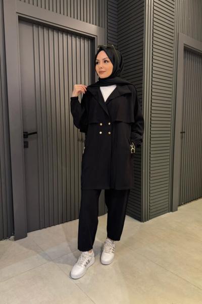 Aksesuar Detaylı Tensel Pantolon Takım Siyah