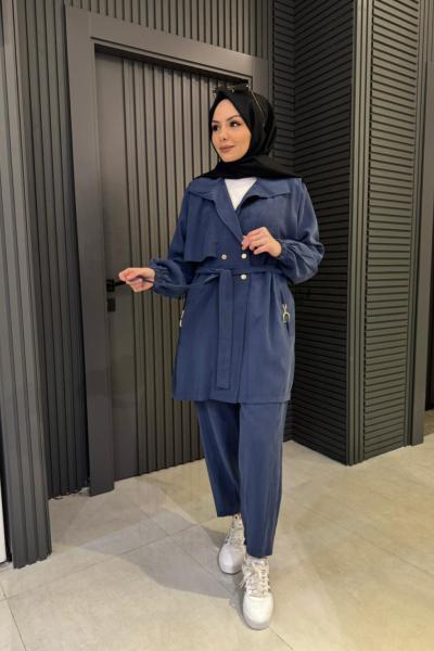 Aksesuar Detaylı Tensel Pantolon Takım İndigo Mavi