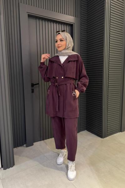 Aksesuar Detaylı Tensel Pantolon Takım Bordo