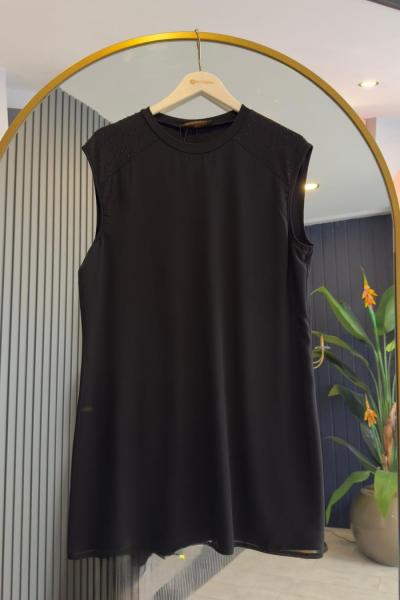 Şifon Taş Detaylı Sıfır Kol İçlik Tunik Siyah