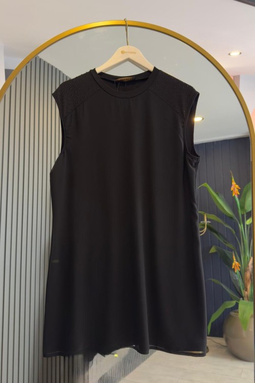 Şifon Taş Detaylı Sıfır Kol İçlik Tunik Siyah