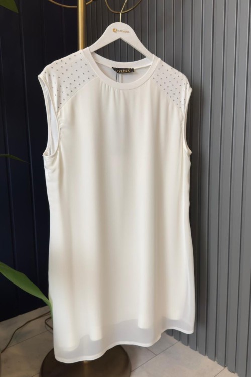 Şifon Taş Detaylı Sıfır Kol İçlik Tunik Ekru
