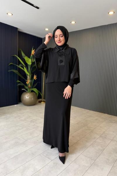 Şifon Yakalı Abiye Elbise Siyah