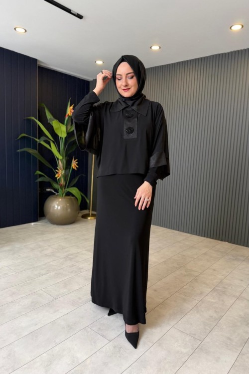 Şifon Yakalı Abiye Elbise Siyah