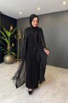 Şifon Payet Detaylı Abiye Takım Siyah