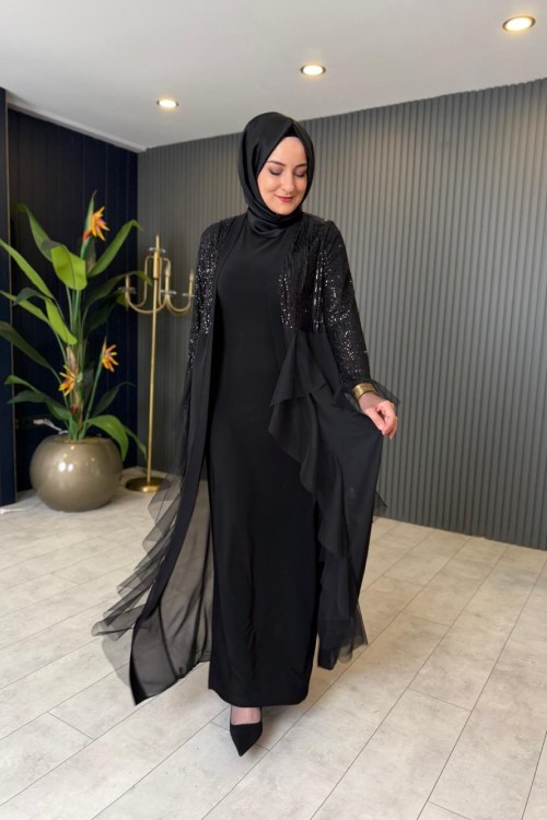 Şifon Payet Detaylı Abiye Takım Siyah