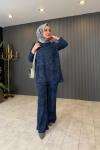 Boncuk İşleme Detaylı Pantolon Takım İndigo Mavi