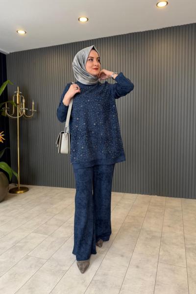 Boncuk İşleme Detaylı Pantolon Takım İndigo Mavi