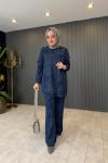 Boncuk İşleme Detaylı Pantolon Takım İndigo Mavi