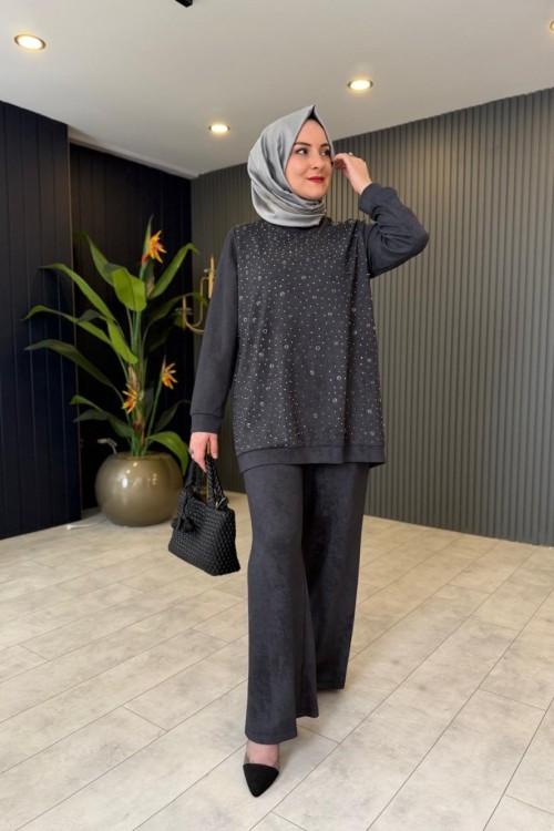 Boncuk İşleme Detaylı Pantolon Takım Siyah