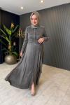 Yaka İşleme Detaylı İpek Kupra Elbise Gri