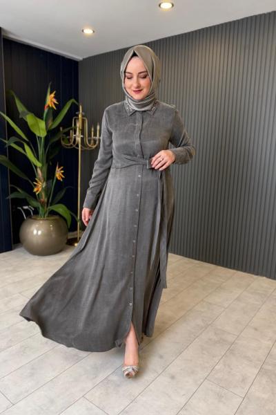 Yaka İşleme Detaylı İpek Kupra Elbise Gri