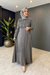 Yaka İşleme Detaylı İpek Kupra Elbise Gri