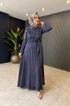 Yaka İşleme Detaylı İpek Kupra Elbise Lacivert