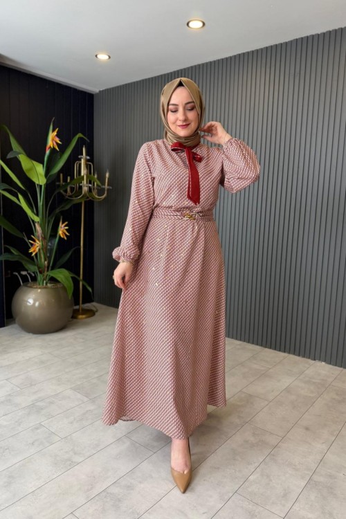 Orhan Yaka Bağcık Detaylı Elbise Bordo