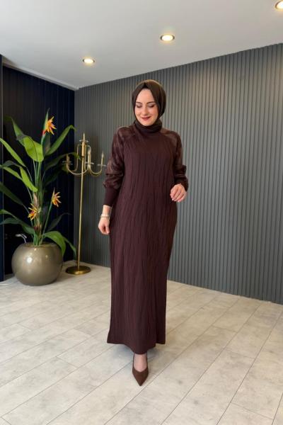 Kol Kupra Detaylı Merserize Elbise Kahve