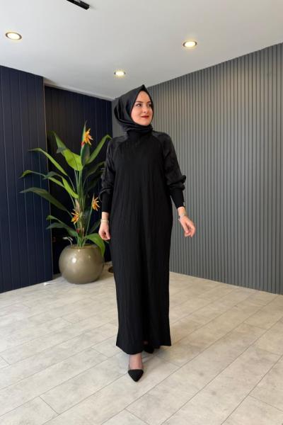 Kol Kupra Detaylı Merserize Elbise Siyah