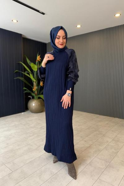Kol Kupra Detaylı Merserize Elbise Lacivert