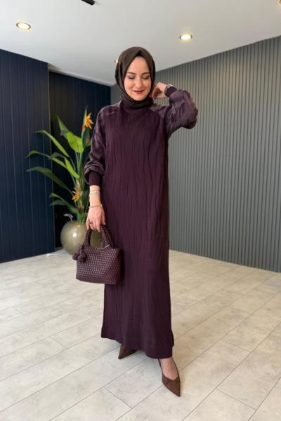 Kol Kupra Detaylı Merserize Elbise Mürdüm