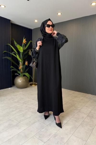 Kol Kupra Detaylı Merserize Elbise Siyah
