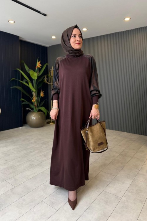 Kol Kupra Detaylı Merserize Elbise Kahverengi