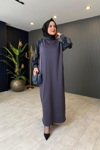 Kol Kupra Detaylı Merserize Elbise Antrasit