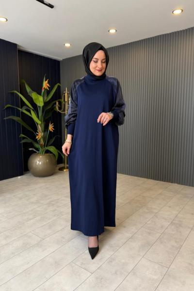 Kol Kupra Detaylı Merserize Elbise Lacivert