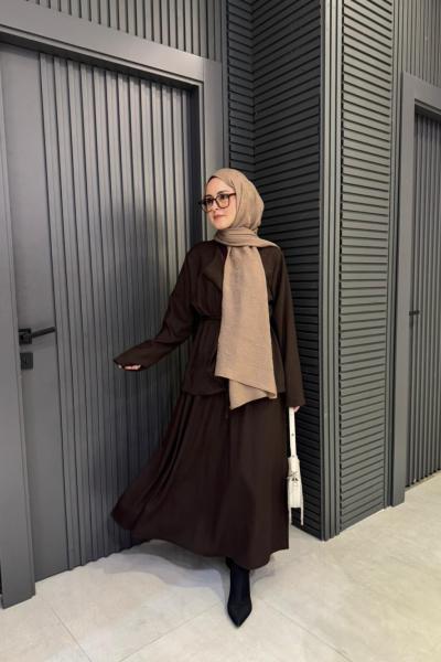 Bağlama Detaylı Asel Etekli Takım Kahve