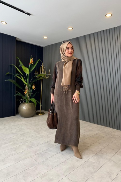 Lamia İpek Kupra Elbise Kahve